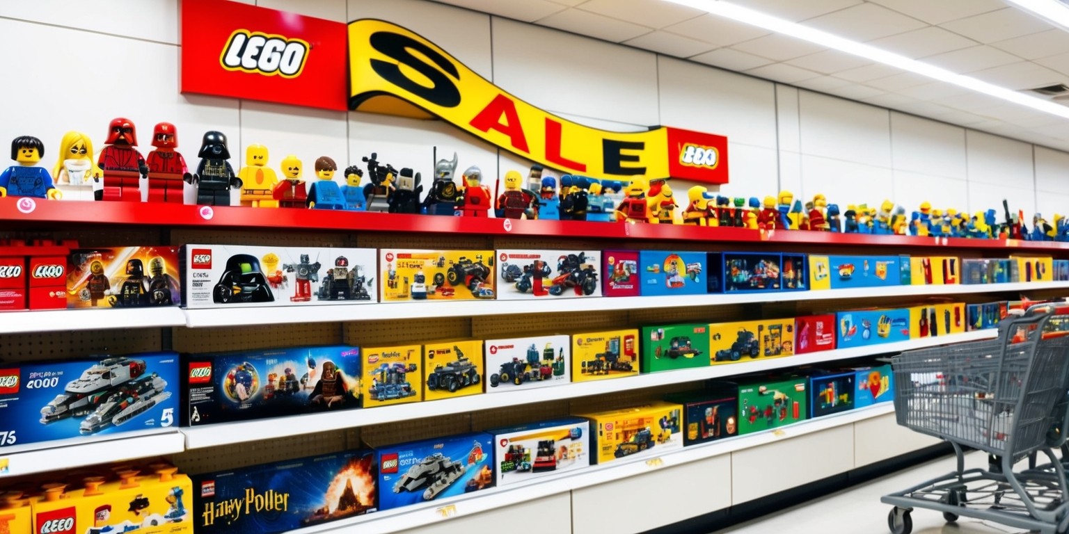 A colorful and bustling in-store display showcasing a variety of Lego sets on sale at Target, with a bright red 