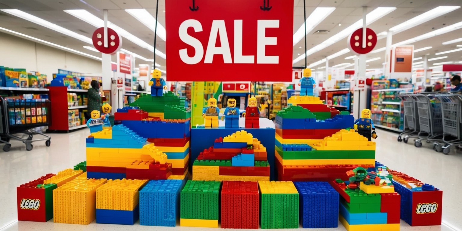 A bustling toy section at Target, with a vibrant and colorful Lego sets display at its center, featuring a large, bold, red 