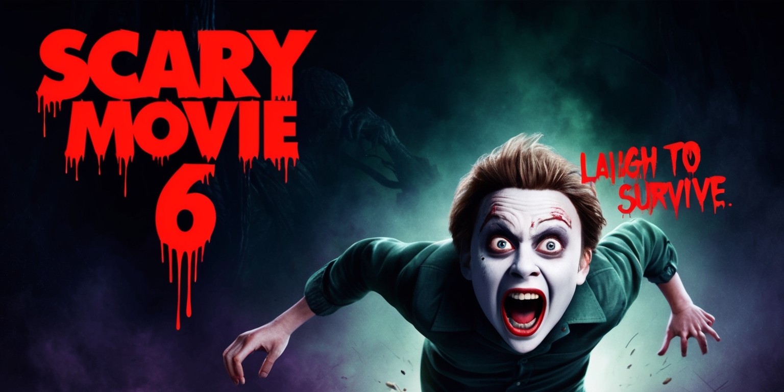 A cinematic poster for Scary Movie 6, depicting a hauntingly comedic scene with a bold, eerie font, centered at the top against a dark, ominous background with subtle hints of purple and green, evoking a sense of horror and parody. In the foreground, a screaming, terrified character, likely a protagonist, with a pale complexion, wide eyes, and an open mouth, is running away from an unseen terror. The character's facial expression is exaggerated for comedic effect, with a hint of satire. The title 