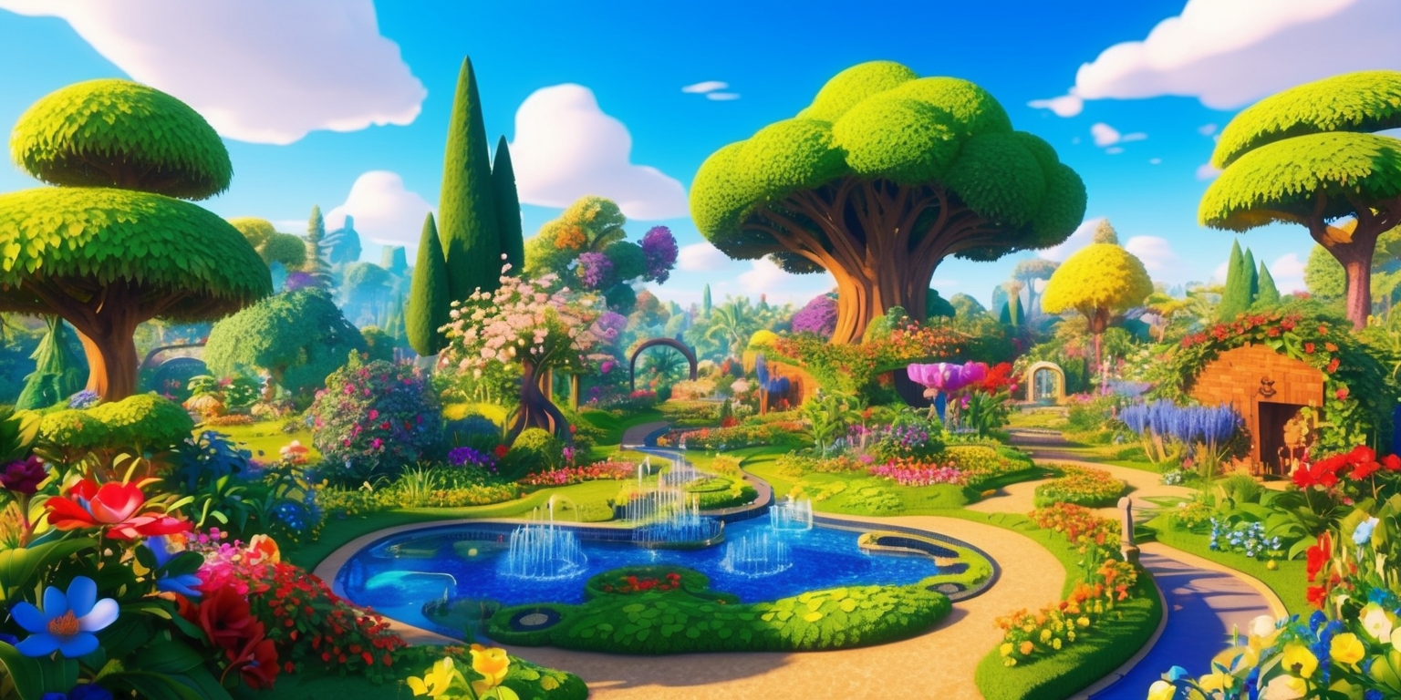 A vibrant digital landscape depicting a whimsical garden, filled with lush greenery, vibrant flowers, and towering trees, set against a clear blue sky with fluffy white clouds, in a digital art style reminiscent of a fantasy video game, with intricate details and textures, and a sense of depth and dimension, featuring a meandering pathway and various hidden wonders, with a warm and inviting color palette, and a mix of realistic and stylized elements, including sparkling water features, and a variety of flora and fauna, all carefully crafted to create an immersive and engaging environment, with a sense of adventure and discovery, and a feeling of being transported to a magical world, where the boundaries between reality and fantasy blur, and the beauty of nature is on full display.