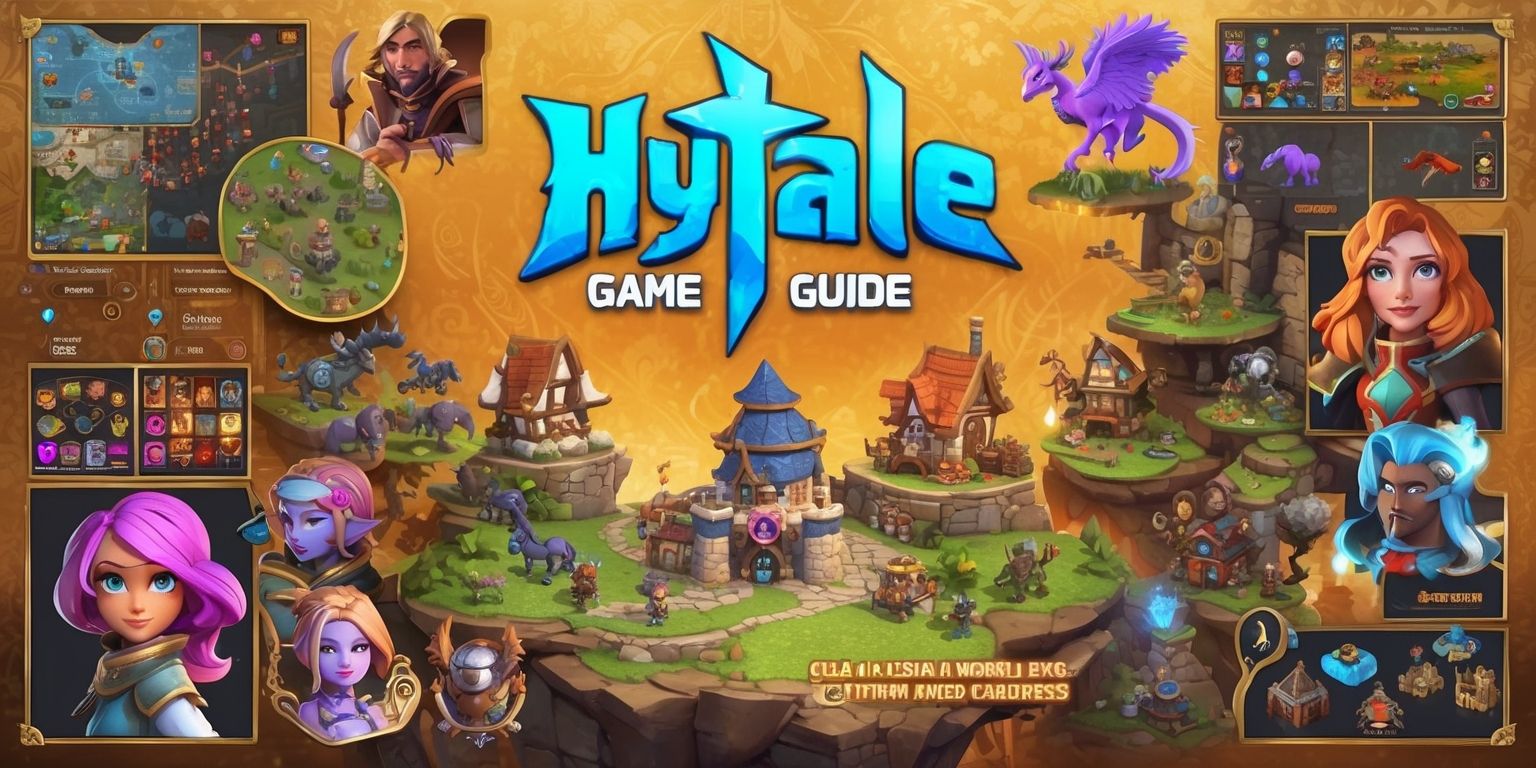 A comprehensive Hytale game guide illustration, featuring a medieval fantasy world with vibrant colors, showcasing various characters, creatures, and landmarks from the game, with a mix of digital painting and 3D rendering styles, set against a warm, golden background with intricate details and textures, including a prominent Hytale logo in a bold, futuristic font with bright, electric blue hue, surrounded by scenes of exploration, combat, and crafting, with characters displaying diverse facial features, skin colors, and unique attributes, such as armor, weapons, and magical abilities, all carefully arranged in a visually appealing layout with clear typography and icons, highlighting the game's key elements and gameplay mechanics.