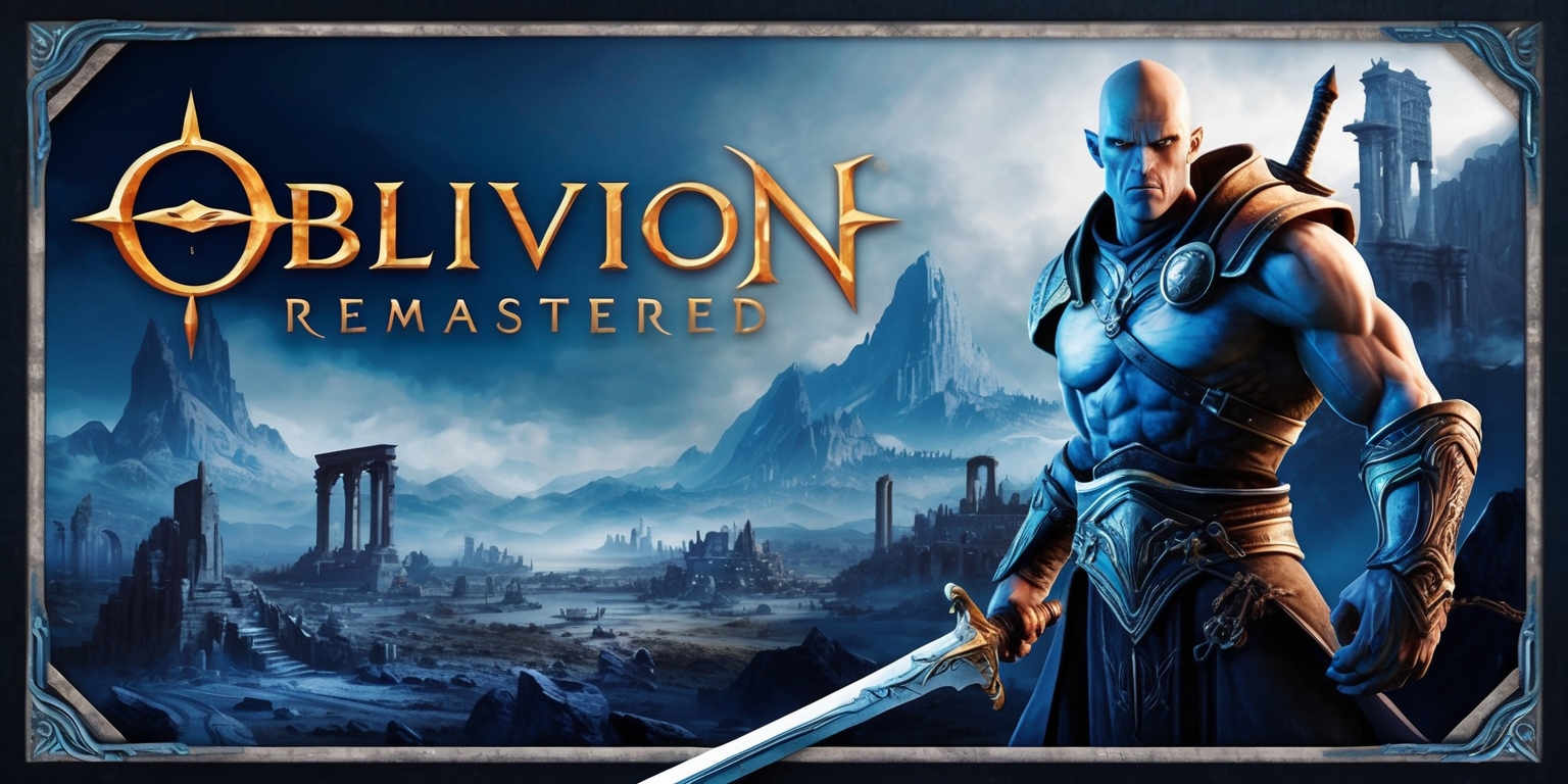A visually stunning, highly detailed digital artwork depicting the remastered version of the iconic fantasy action role-playing game, with a focus on the game's logo, characters, and environments. The dominant colors are a palette of deep blues, grays, and whites, evoking a sense of mystery and adventure. In the foreground, a powerful, muscular humanoid character, likely the game's protagonist, stands proudly with a sword in hand, set against a sprawling, breathtaking landscape of ruins, with towering mountains and ancient structures in the background. The character's facial features are strong and determined, with a strong jawline, prominent nose, and piercing blue eyes. The overall art style is reminiscent of classic fantasy art, with bold lines, vibrant colors, and intricate details. The image is framed by a subtle, ornate border, with the game's title Oblivion Remastered emblazoned in bold, golden font at the top.
