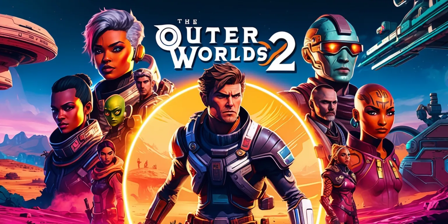 A futuristic sci-fi themed illustration of the main characters from The Outer Worlds 2 game, set against a vibrant alien planet landscape with a mix of desert and industrial elements, featuring a diverse group of characters with unique facial features, skin colors, and stylized armor, with a focal point on the game's protagonist, a rugged and determined-looking space explorer with a strong jawline and piercing eyes, surrounded by their crewmates, including a brilliant scientist with goggles and a skilled warrior with intricate tattoos, all with a sense of adventure and danger, in a dynamic composition with bold lines, metallic textures, and a color palette of deep blues, neon greens, and fiery oranges, with the game's logo prominently displayed in a metallic font with a futuristic glow.