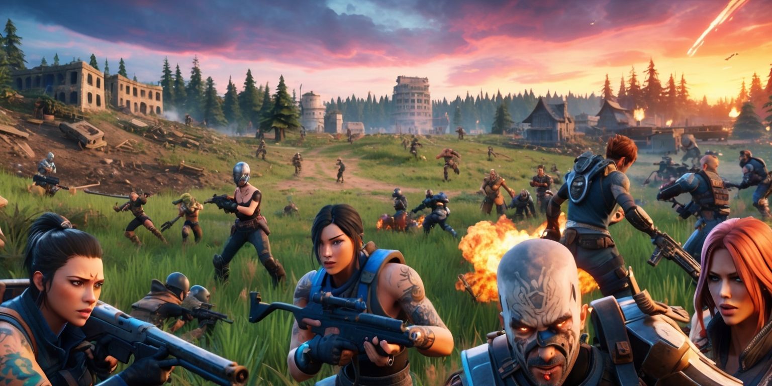 A chaotic Battle Royale game event scene with a large map in the background, featuring a mix of rugged terrain, abandoned buildings, and lush forests, set at dusk with a vibrant orange and pink sky, a plethora of characters with diverse facial features, skin colors, and unique attributes such as tattoos, scars, and futuristic armor, each equipped with distinct weapons and gear, scattered across the landscape, with some engaged in intense battles, others navigating through the environment, and a few strategically positioned in hiding spots, the atmosphere is tense and dynamic, with explosions, fire, and smoke effects adding to the dramatic scene, in the foreground, a close-up of a few characters, showcasing their determined expressions, with a mix of fear, adrenaline, and focus, the overall style is futuristic, with a blend of realistic and stylized elements, and a subtle grain effect to enhance the immersive experience.