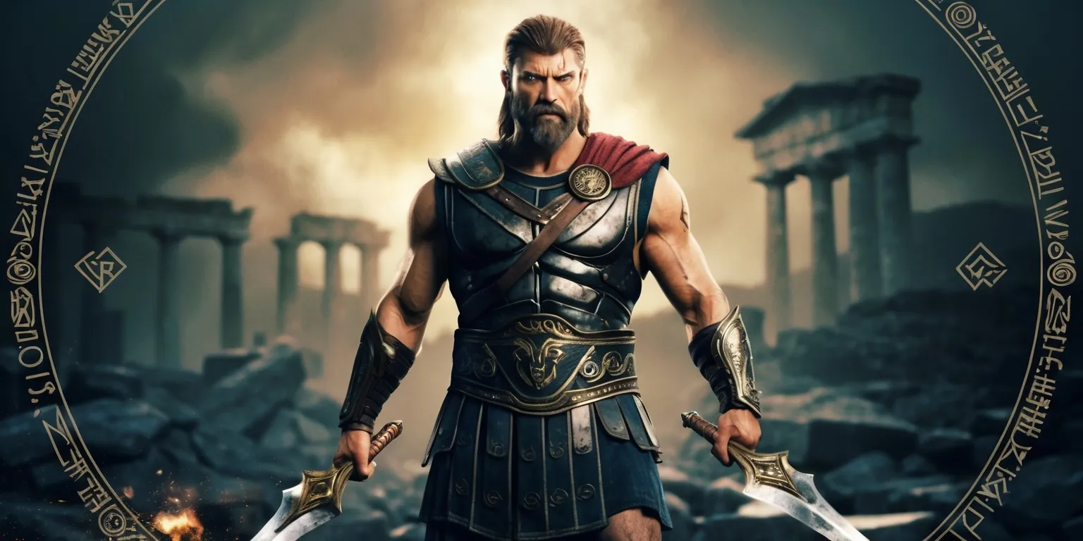 A dramatic live-action scene from the God of War TV series, with Kratos, a rugged and battle-worn Spartan warrior, standing prominently in the center, wearing his iconic Greek armor, with a stern expression on his weathered face, holding his mighty Blades of Chaos, set against a dark and mystical backdrop of ancient Norse ruins, with a mix of earthy tones and muted colors, and a hint of golden light reflecting off the blades, surrounded by subtle Norse mythology symbols and runes, with a cinematic style and framing that emphasizes the intensity and brutality of the character and the world he inhabits.