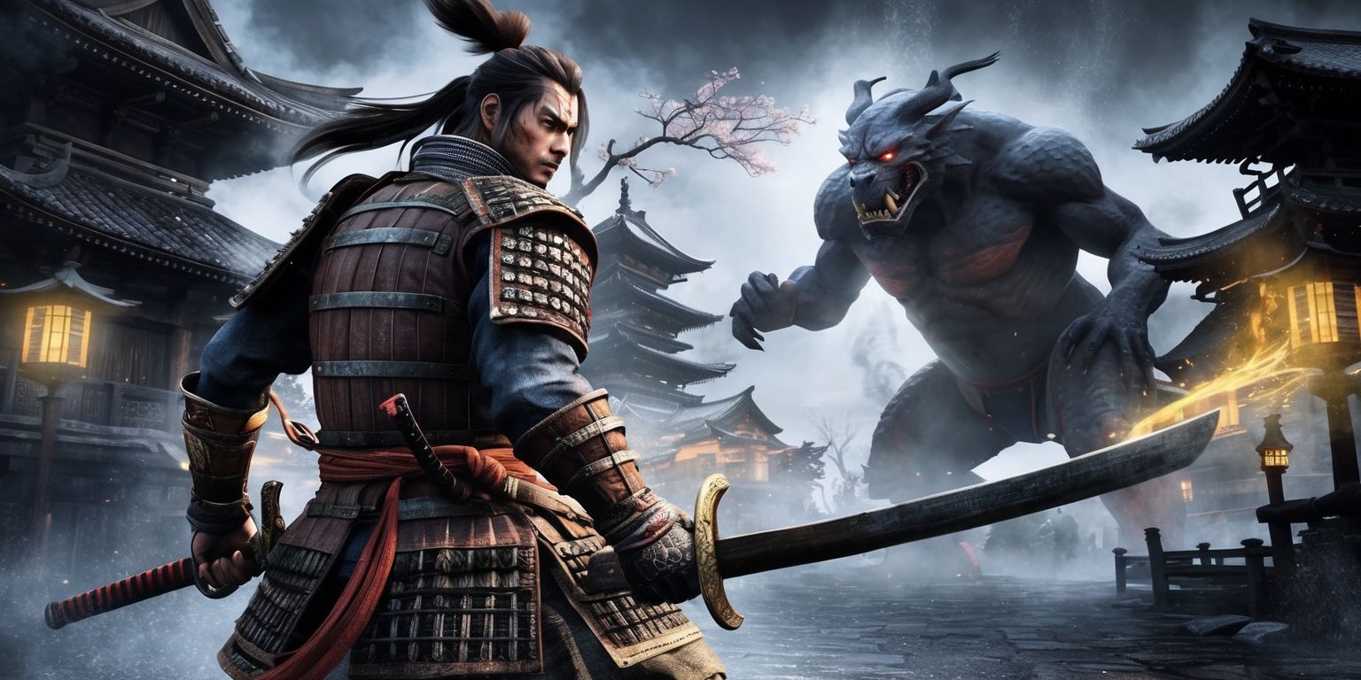 A dark fantasy action-adventure scene from Nioh 3, featuring a seasoned samurai warrior with a determined expression, worn leather armor, and a traditional Japanese sword, set against a misty, feudal Japan backdrop with crumbling temples, lanterns, and cherry blossom trees, all rendered in a stylized, vibrant color palette with intricate details and bold lines, as the warrior stands ready to face a giant, menacing yokai emerging from the shadows, with subtle, golden lighting effects and a sense of intense, foreboding energy emanating from the atmosphere.