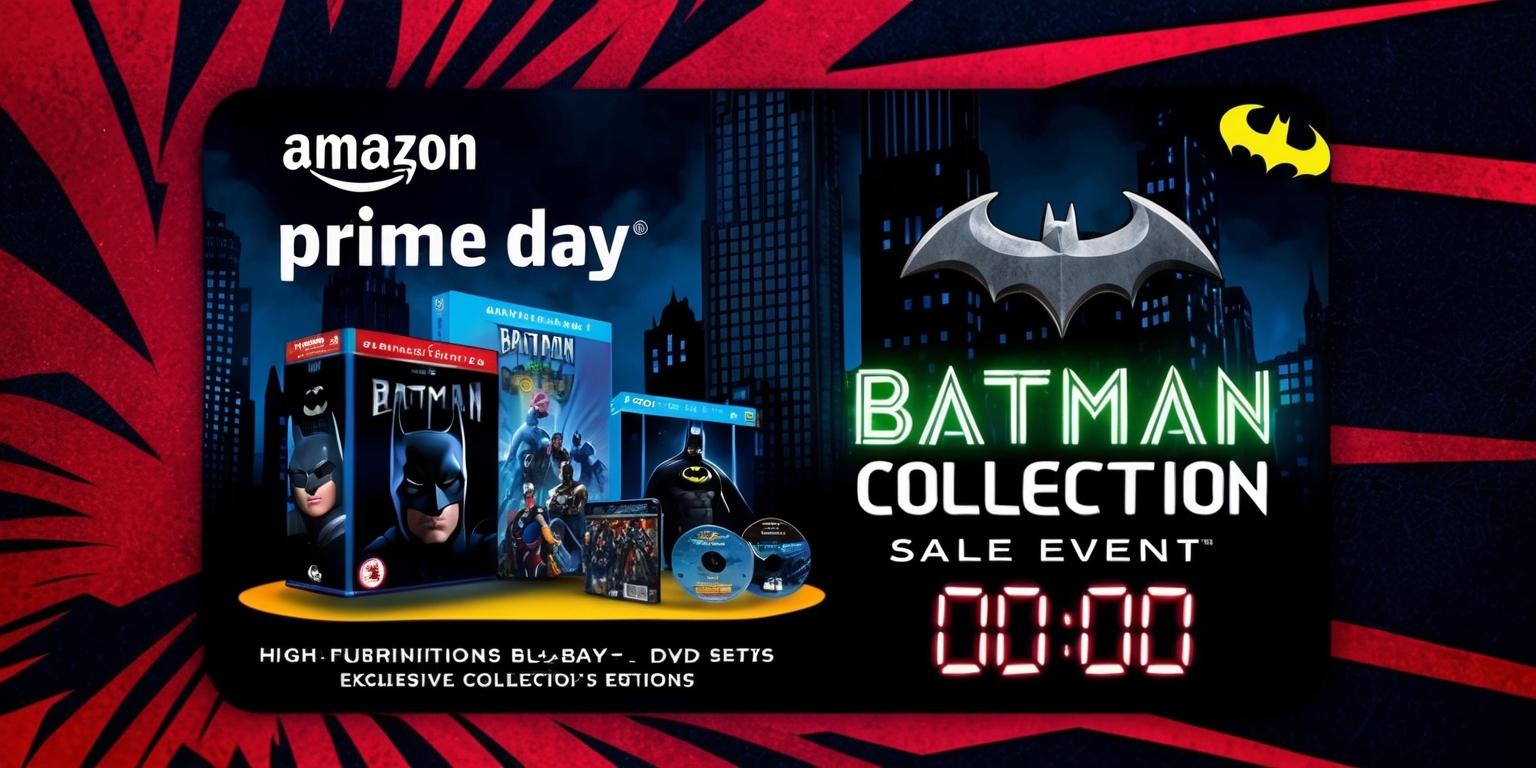 A vibrant promotional advertisement for the Amazon Prime Day Batman Collection Sale event, featuring a bold, eye-catching background with a dark knight-themed cityscape, showcasing a curated selection of Batman movies and animated series, including high-definition Blu-rays, DVD sets, and exclusive collector’s editions, with the Amazon Prime Day logo prominently displayed in a bright, fire engine red color, alongside the Batman emblem in a sleek, metallic silver, and a countdown timer in a digital, neon green font, highlighting the limited-time nature of the sale, with the words Amazon Prime Day and Batman Collection Sale event in a stylized, futuristic font, with a subtle batwing pattern overlaid on the background, adding a touch of Gotham City's dark and gritty atmosphere to the overall design.