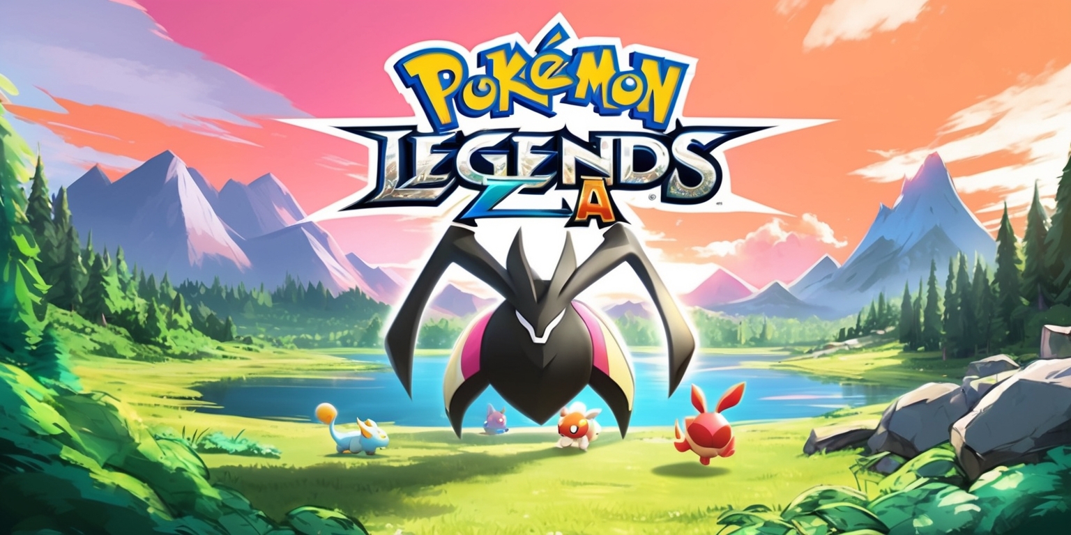 A scenic digital illustration of the Pokémon Legends Z-A game, featuring a vibrant landscape with lush green forests, majestic mountains, and a serene lake, set against a warm orange and pink sunset sky, with a few Pokémon roaming freely in the environment, including a large Arceus in the center, with intricate details and textures, in a stylized anime-like art style, with bold lines and dynamic brushstrokes, and a subtle glow effect to emphasize the legendary Pokémon, with the game's logo, a stylized silver and gold font with a futuristic feel, prominently displayed at the top of the image.