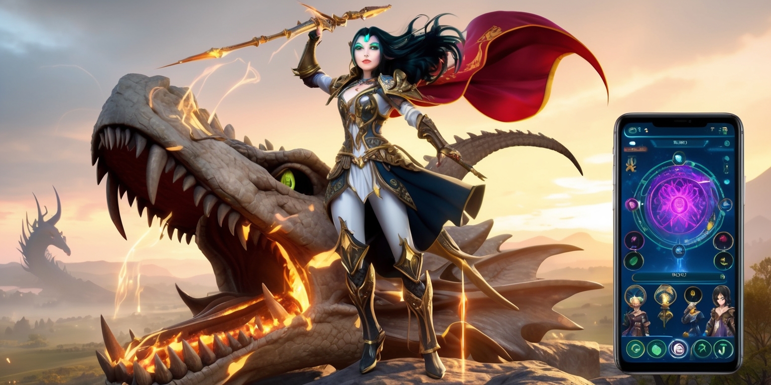 A majestic, high-fantasy landscape serves as the backdrop for a dynamic mobile action RPG game, where a powerful sorceress with piercing emerald eyes, porcelain skin, and raven-black hair stands victoriously atop a giant, ancient dragon's skull, surrounded by mystical artifacts and glowing, ethereal runes. The sorceress wears intricately designed, metallic armor with gold accents, adorned with a flowing, crimson cape that billows behind her. In the foreground, a sleek, modern smartphone displays the game's vibrant, colorful interface, complete with intricate character models, skill trees, and a mini-map. The aesthetic blends medieval fantasy with futuristic, high-tech elements, set against a warm, golden sunrise with a subtle, misty atmosphere. The overall style is a mix of realistic, detailed textures and stylized, anime-inspired character designs.