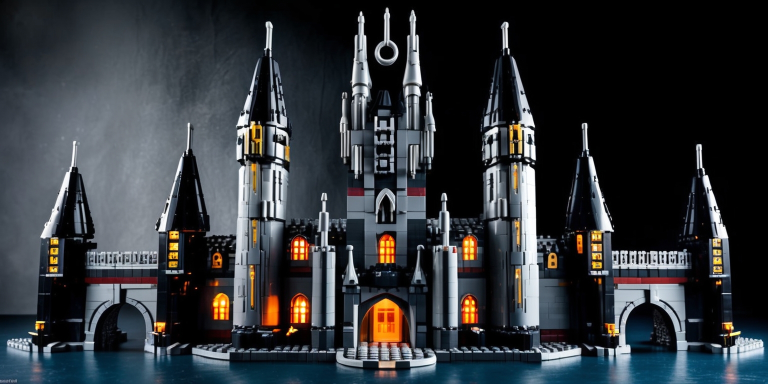 A meticulously detailed Lego recreation of Barad-dûr, the dark lord Sauron's stronghold from J.R.R. Tolkien's Lord of the Rings, set against a foreboding dark grey and black background, with the fortress's imposing spires and towers built from a mix of black, grey, and dark red Lego bricks, adorned with intricate stonework patterns, and topped with a gleaming silver Lego ring, surrounded by a moat of dark blue Lego water, with a subtle glow of orange and yellow lighting emanating from the windows and gates, capturing the ominous and powerful presence of Mordor's capital, with precise and delicate Lego architecture, showcasing the intricate details and textures of the fortress's stone walls, towers, and bridges, with a sense of grandeur and menace.