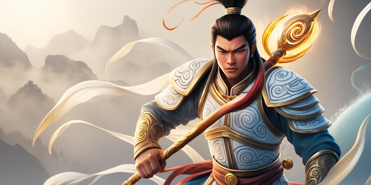 A vibrant, dynamic illustration depicting the protagonist Wukong from the action-adventure game Black Myth: Wukong, set against a misty, golden-lit background inspired by ancient Chinese mythology. Wukong, with his striking features, sharp jawline, and piercing brown eyes, stands confidently, dressed in his iconic white and gold armor, adorned with intricate, swirling patterns. His golden staff, emitting a soft, ethereal glow, rests against his shoulder, while his right hand holds a shiny, circular artifact. The atmosphere is dramatic, with hints of mysticism, as soft, feathery clouds and delicate, curved foliage surround Wukong. The overall style blends traditional Chinese aesthetics with modern, stylized realism, evoking a sense of heroic grandeur. The color palette features a mix of muted earth tones, golden highlights, and subtle, misty blues, creating a captivating, dreamlike quality. The composition is balanced, with Wukong placed centrally, drawing the viewer's attention to his powerful, determined stance.