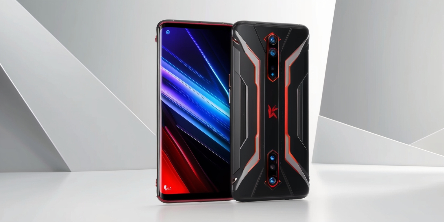 A sleek, high-performance Nubia gaming smartphone with a large, curved AMOLED display dominating the front, showcasing vibrant colors and crisp graphics, encased in a durable, matte-black metal frame with subtle red accents, featuring a futuristic design language with angular lines and geometric patterns, accompanied by a pair of dual-circular camera modules on the top-left corner of the rear panel, flaunting a premium, high-tech aesthetic, set against a clean, minimalist background that highlights the device's cutting-edge features and gaming prowess.