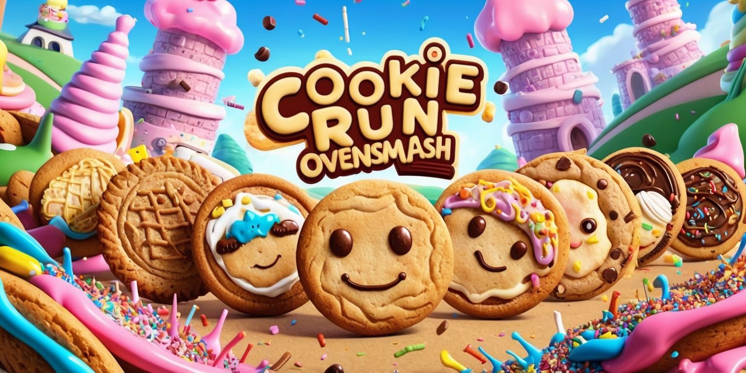 Cookie Run OvenSmash game scene with vibrant pastel colors and dynamic lighting, featuring a variety of intricately designed cookie characters with distinct facial expressions and accessories, set against a stylized background of a fantastical oven world with rolling hills and towering dessert-themed structures, the cookies are placed in the center of the composition with bold lines and textures, surrounded by explosions of colorful icing and sprinkles, the overall style is reminiscent of a whimsical cartoon with a mix of digital painting and 3D computer-generated imagery, the layout is chaotic yet balanced, with a focus on conveying the energy and excitement of the game.
