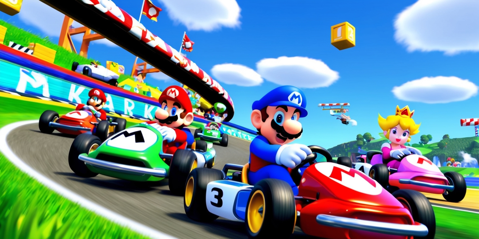 A vibrant and dynamic screenshot of the Mario Kart World game, featuring a colorful and detailed racing track with iconic Nintendo characters such as Mario, Luigi, and Princess Peach, each with distinct facial features and skin tones, racing in their respective karts, with lush green grass, blue skies, and fluffy white clouds in the background, incorporating a mix of realistic and stylized graphics, with bold lines, bright colors, and subtle shading, and including various game elements such as item boxes, coins, and track obstacles, all set within a widescreen layout with a slight curvature to convey a sense of speed and movement.