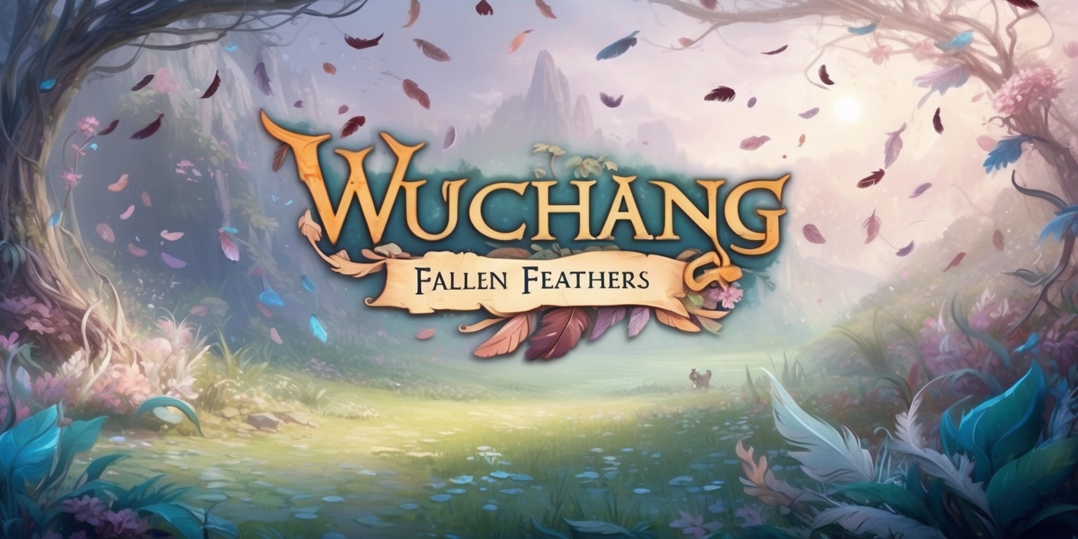 A fantasy artwork inspired by the Wuchang: Fallen Feathers game, featuring a mystical realm with delicate, fallen feathers scattered across a serene, dreamy landscape, with vibrant, pastel colors and soft, ethereal lighting, in a whimsical, illustrative style, with intricate, hand-drawn details and textures, and a majestic, sweeping layout that captures the essence of the game's enchanting world, with possibly a few, subtly-integrated game elements, such as characters or symbols, blended harmoniously into the scenery, conveying a sense of wonder, magic, and gentle melancholy.