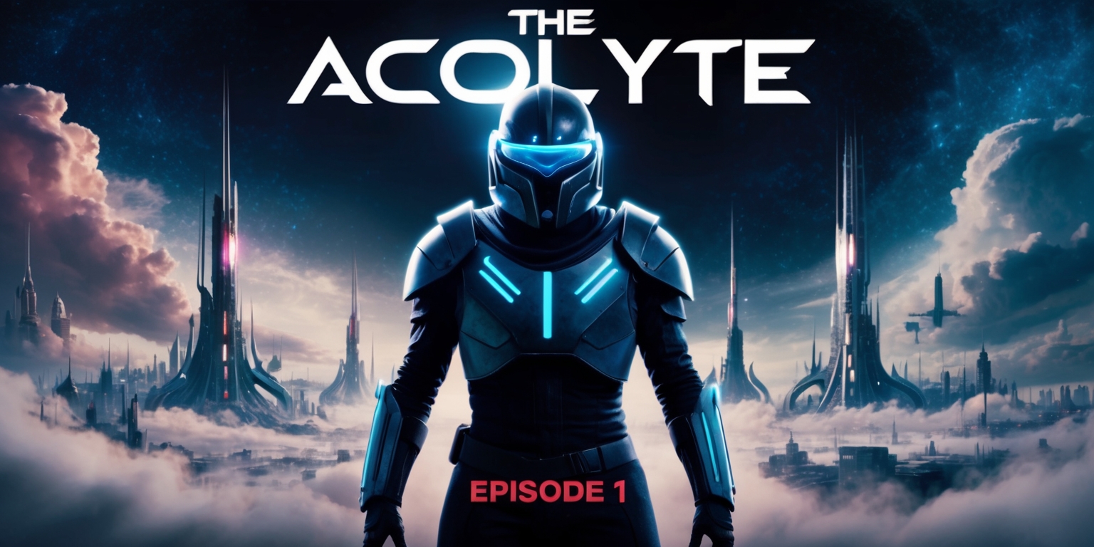 A vivid, cinematic poster for a futuristic sci-fi television series, The Acolyte, set in a distant galaxy, featuring a mysterious, helmeted figure with glowing blue accents on their armor, standing in front of a sprawling, celestial cityscape with towering, ethereal spires and nebula-inspired clouds, against a deep, starry night sky, with the title The Acolyte emblazoned in bold, metallic silver font across the top, and the episode number Episode 1 in smaller, yet equally striking, crimson letters at the bottom, with a hint of misty, atmospheric fog surrounding the entire scene, evoking a sense of otherworldly wonder and intrigue.