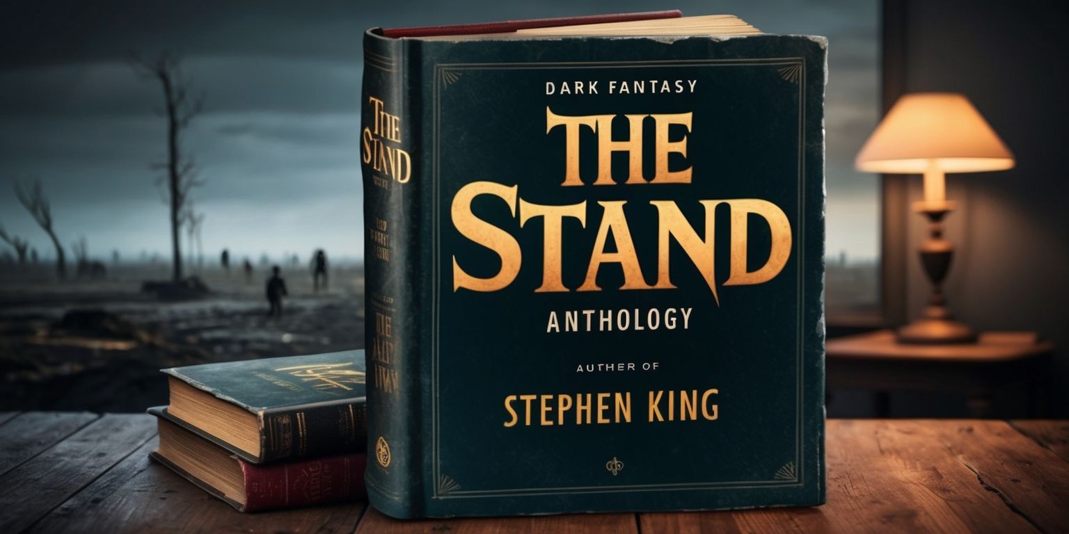 A detailed illustration of The Stand anthology book with a dark fantasy theme, featuring a haunting cover art with muted colors and bold typography, the title The Stand prominently displayed in a stylized font with golden lettering, and the author Stephen King's name written in a simpler yet elegant font at the bottom, the background of the cover art depicting a desolate post-apocalyptic landscape with a few scattered survivors in the distance, the overall aesthetic exuding a sense of eeriness and mystery, the book itself having a worn leather-bound appearance with yellowed pages and a red ribbon bookmark, placed on a wooden table with a few other books and a small lamp in the background, casting a warm glow on the surrounding area.