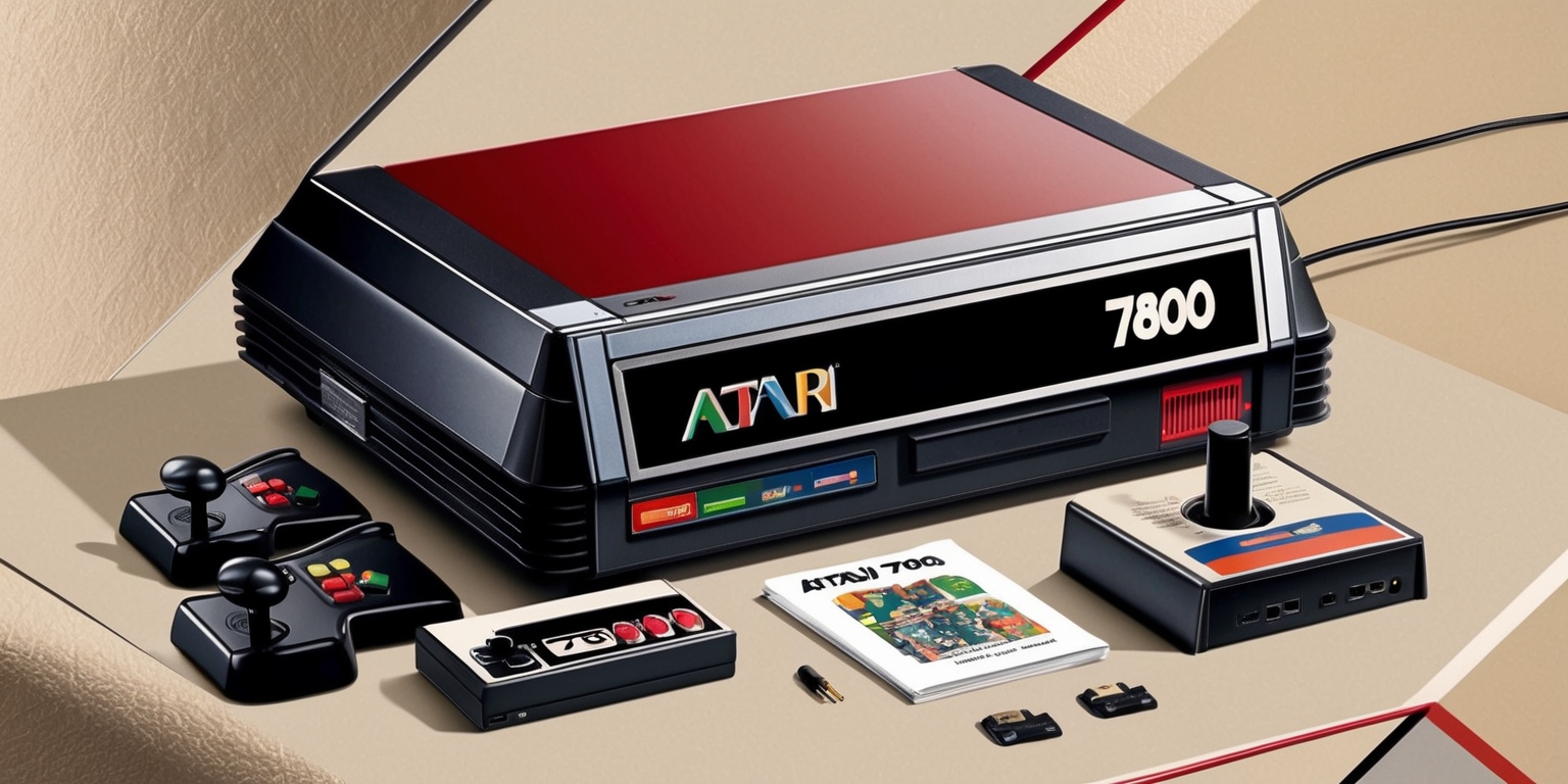 A detailed illustration of a vintage Atari 7800 game console in full color, with a focus on the device's sleek design, angular lines, and distinctive logo, set against a neutral background that accentuates the console's retro aesthetic, featuring a mix of matte and glossy finishes, with the Atari 7800's cartridge slot, controller ports, and power button prominently displayed, surrounded by a few classic games and accessories, including a pair of Atari joysticks, a box of cartridges, and a user manual, with vivid colors and sharp details that evoke a sense of nostalgia for the 1980s gaming era.