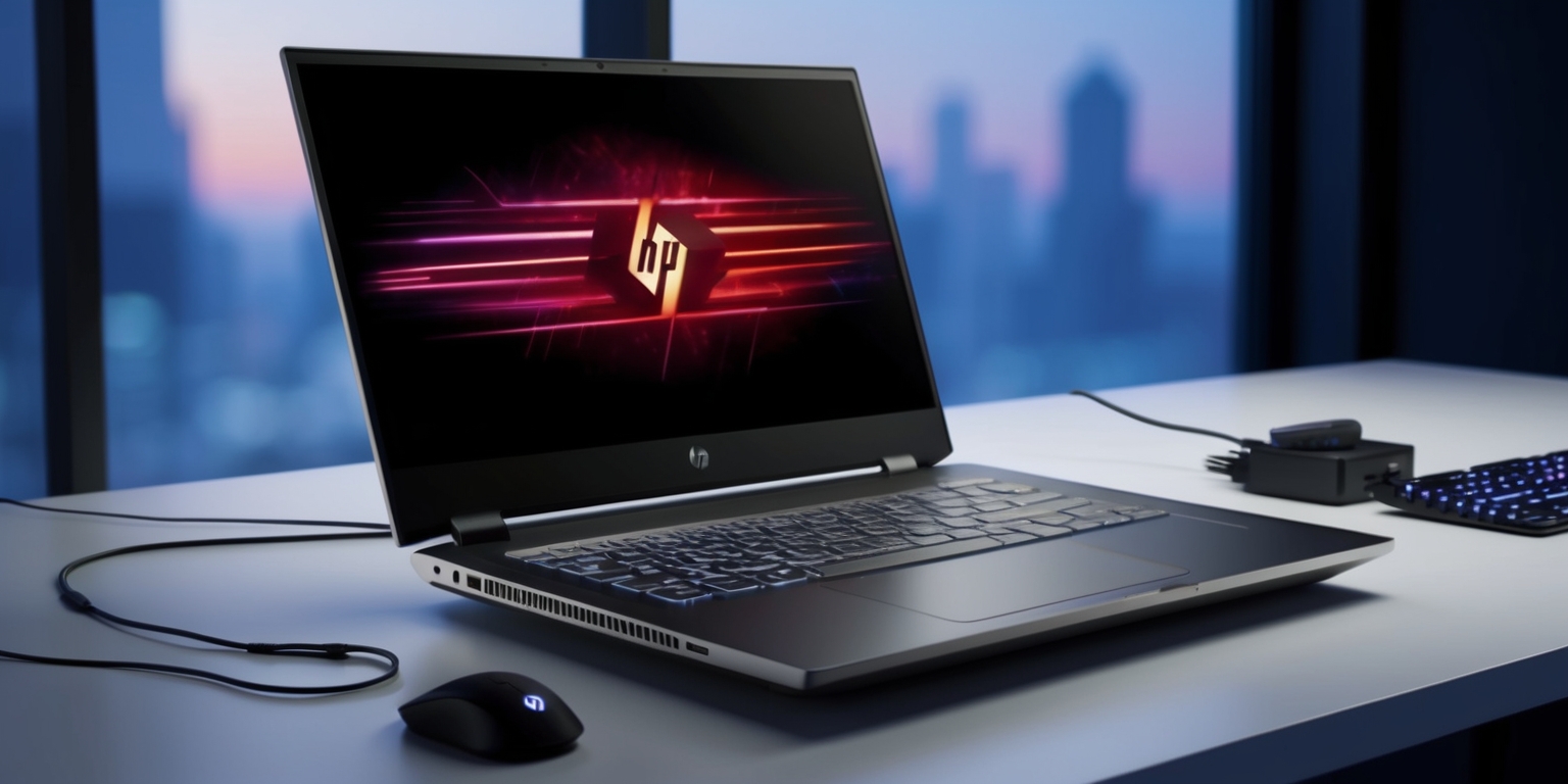 A sleek, modern HP Victus gaming laptop sits on a clean, minimalist desk, surrounded by subtle hints of a gaming setup, such as a wireless mouse and a faintly lit keyboard in the background, with a blurred cityscape at dusk visible through the window behind, conveying a sense of speed and performance. The laptop's lid is open, revealing a vibrant, high-contrast display showcasing a popular game's logo, with rich, bold fonts and neon-lit accents. The laptop's aluminum body features a subtle, etched pattern, with a slight gradient effect that shifts from dark grey to silver, giving it a premium, high-tech appearance. A few strands of cable and a power adapter are neatly organized beside the laptop, adding a touch of realism to the scene. The overall mood is dark, sleek, and futuristic, with a focus on the laptop as the centerpiece.