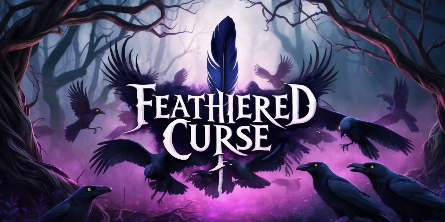 A dark fantasy video game titled Feathered Curse with a mystical and ominous atmosphere, featuring a hauntingly beautiful forest landscape with twisted tree branches and glowing purple mist, in the center a delicate feather floats amidst a whirlwind of ravens with piercing yellow eyes, the game's logo is emblazoned in bold gothic letters with a subtle glow effect, the color palette is predominantly dark blues and greys with accents of deep purple and gold, the overall style is a mix of realistic and stylized elements with intricate details and textures, the layout is cinematic with a shallow depth of field, drawing the viewer's attention to the feather and the ravens.