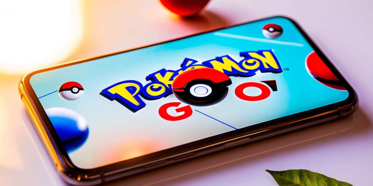 A modern smartphone with a brightly lit screen displaying the Pokémon GO app, showcasing a vibrant and colorful interface with iconic Pokémon characters and elements, set against a clean white or pale blue background, with bold and curved typography, possibly featuring the game's logo, a stylized letter G with a Poké Ball, in a bright red and blue color scheme, with a subtle gradient effect, and a few Poké Balls, leaves, or other game-inspired design elements scattered around the screen, all illuminated by a soft, warm light, giving the impression of a sunny day, with the phone's screen reflecting a slight shine, and the overall aesthetic evoking a sense of adventure, exploration, and fun.