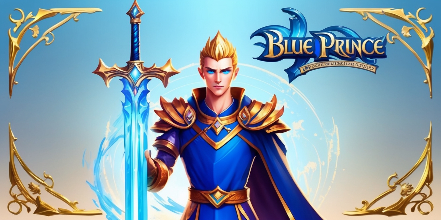 A vibrant digital illustration of a regal figure, the Blue Prince, from a fantasy role-playing game, set against a soft, gradient blue background with golden accents, adorned with intricate, swirling patterns and ornate details, featuring the prince with striking blue attire, piercing blue eyes, chiseled facial features, and a strong, determined expression, holding a majestic, glowing blue sword in his right hand, with a subtle, shimmering aura surrounding his entire being, as he stands heroically in the center of the composition, with the game's logo, a stylized, cursive font in bold, metallic blue and gold, placed prominently at the top of the image, and the tagline, in a smaller, yet elegant, serif font, written in a curved line above the prince's head.