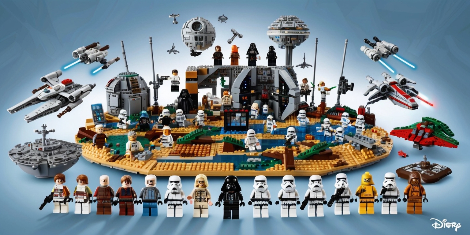 A vibrant, colorful illustration of a LEGO Star Wars collectible set, featuring a sprawling diorama of iconic characters and scenes from the beloved franchise, with intricate details and textures, set against a subtle, gradient blue background evoking the sense of space, with multiple LEGO mini-figures of Luke Skywalker, Darth Vader, Stormtroopers, and other characters, each with distinct facial features and accessories, surrounded by LEGO-built models of spaceships, buildings, and landscapes, such as the Death Star, X-wing fighters, and Tatooine terrain, with sleek, metallic accents and glowing blue lights, showcasing the set's vast playability and display potential, with clean lines, dynamic composition, and a sense of action and adventure.